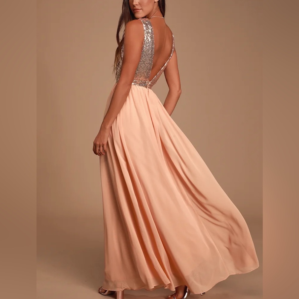 Lulus Elegant Encounter Rose Gold Sequin Maxi Dress SIZE L